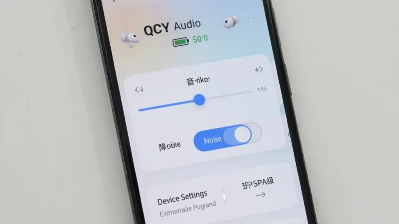 一张手机屏幕展示QCY Audio应用主界面的图片,界面顶部显示已连接的QCY耳机名称和电量,中间是音效调节滑块和降噪模式切换按钮,底部是设备设置和固件升级入口,整体风格简洁现代,背景为浅色渐变,画质清晰干净,无多余元素