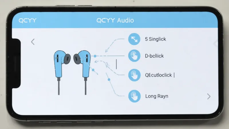 一部手机屏幕显示QCY Audio的按键设置界面,画面中有左右耳机的示意图,旁边标注了单击、双击、长按等手势图标和对应的功能文字,界面风格扁平化,配色以白色和浅蓝色为主,画质清晰干净