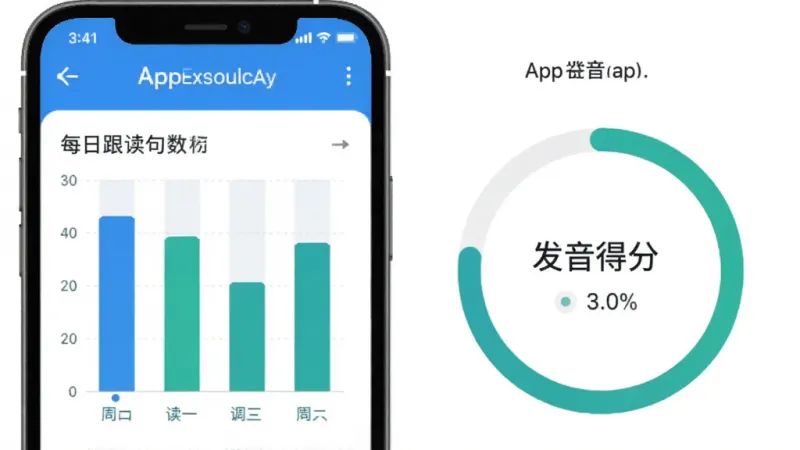 科普英语APP学习报告页面，手机屏幕显示柱状图和环形进度条，数据展示每日跟读句数和发音得分，配色为蓝白绿，布局清晰，风格现代扁平，画质干净无多余元素