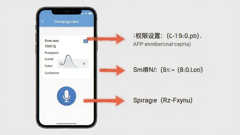 科普英语APP移动端使用教程示意图，手机屏幕显示权限设置和麦克风图标，旁边有箭头指示操作步骤，背景为浅灰色，风格简洁明了，画质干净无多余元素