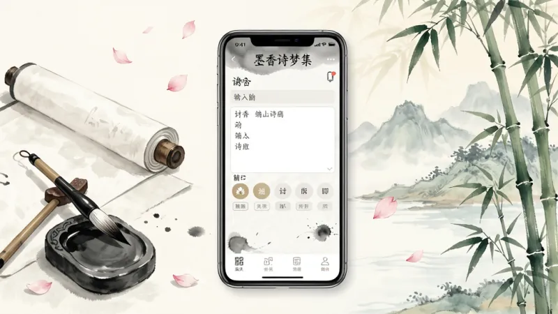 一幅古风诗词创作场景插画,画面中央是手机屏幕显示