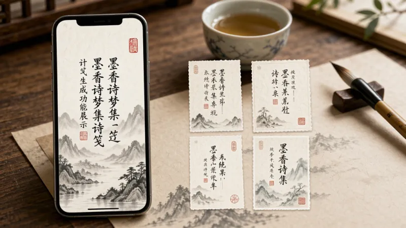 墨香诗梦集诗笺生成功能展示,画面中手机屏幕显示一首七言绝句配水墨山水底纹,旁边有几张不同风格的诗笺缩略图,背景为书桌场景,有茶杯和毛笔点缀,风格清新雅致,细节包含纸张纹理和印章元素,画质干净无多余元素