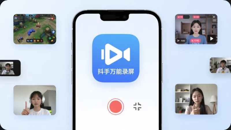 手机屏幕中央显示“抖手万能录屏”应用图标,图标下方是简洁的录制按钮和设置菜单,背景是淡蓝色渐变,周围环绕着游戏画面、直播界面、网课视频等小图标,风格现代扁平,画质干净清晰,无多余元素