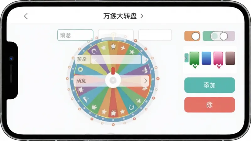 一张展示万事大转盘编辑选项界面的图片,画面中是一个手机屏幕,屏幕中央是转盘编辑页面,上面有若干输入框和颜色选择器,右侧有添加和删除按钮,界面风格扁平化,配色清新,文字清晰可见,画质干净无多余元素