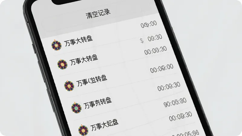 一张展示万事大转盘历史记录界面的图片,画面中是一个手机屏幕,屏幕上是一个列表,每一行显示转盘结果和时间戳,列表顶部有「清空记录」按钮,界面风格简洁明了,文字排版整齐,背景为浅灰色,画质干净无多余元素