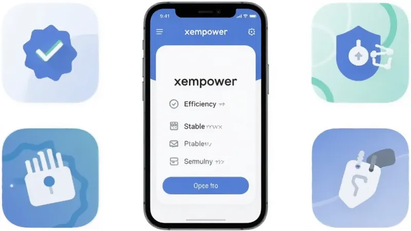 一张展示 xempower 应用核心功能的手机界面图,画面中央是手机屏幕,屏幕内显示 xempower 的简洁操作面板,周围环绕着代表效率、稳定、轻量的抽象小图标,整体布局居中对称,风格现代扁平化,细节圆润干净,画质清晰无多余元素