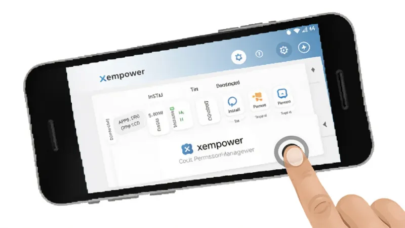 一张展示 xempower 在手机上安装和权限设置界面的示意图,画面主体是手机屏幕显示应用权限管理页面,旁边有手指点击的示意,风格简洁清晰,布局直观,画质干净,无多余元素