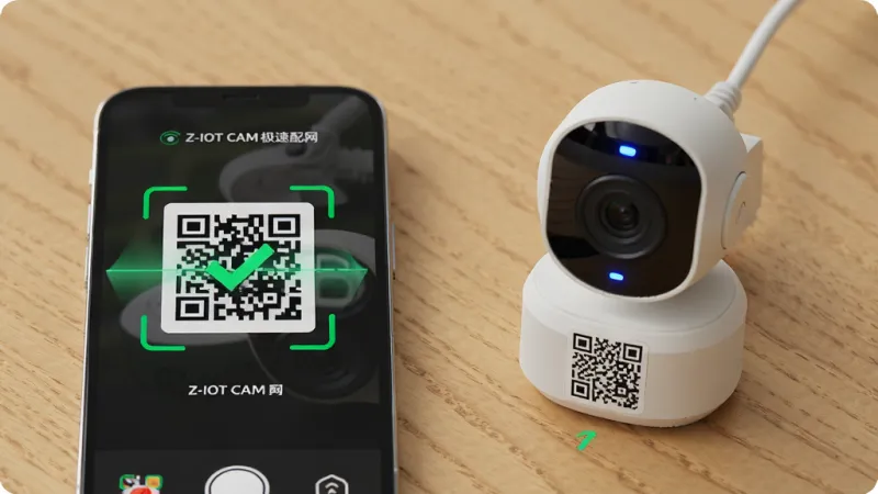 一张展示Z-IOT CAM极速配网功能的图片,主体是一部手机和一个小型智能摄像头,手机屏幕上显示着扫描二维码的界面,摄像头机身上有一个明显的二维码标签,布局是手机和摄像头并排放在一张木质桌面上,风格是简洁的产品展示风格,细节上手机屏幕有扫描成功的绿色对勾动画,摄像头指示灯呈蓝色常亮状态,画质清晰,干净,无多余元素