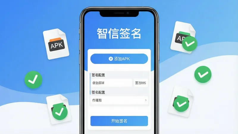 一张展示智信签名软件核心界面的图片,画面中央是手机屏幕,屏幕上显示智信签名的应用主界面,界面顶部有“智信签名”四个大字,中间是添加APK文件的按钮和签名配置区域,底部有开始签名按钮,背景是简洁的蓝白渐变色调,整体风格干净清爽,手机周围飘浮着几个APK文件图标和签名成功的绿色对勾图标,画质清晰,无多余元素