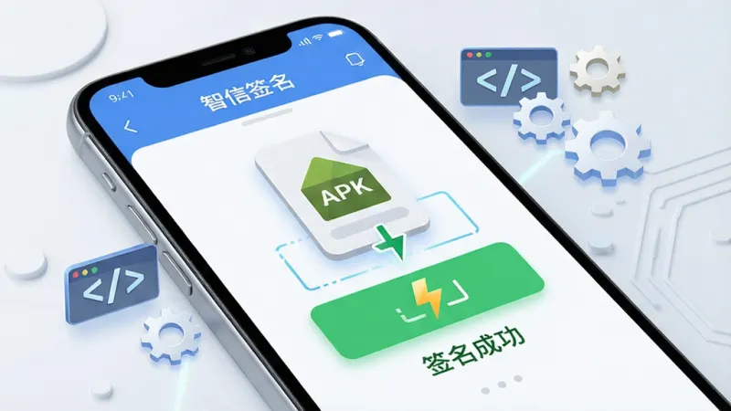 一张展示智信签名一键签名功能的图片,画面中一部手机屏幕显示智信签名界面,界面上有一个APK文件图标正被拖入一个带有闪电标志的签名按钮中,按钮下方显示“签名成功”的绿色提示,周围有少量代码符号和齿轮图标作为装饰,整体风格科技感十足但不过于复杂,画质干净清晰,无多余元素