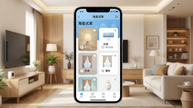 一张展示智能家居控制中心界面的图片,画面中央是手机屏幕,屏幕内显示“海星优家”App的主页,主页上有客厅灯光、空调、窗帘等设备卡片整齐排列,背景是温馨的现代家居环境,风格简洁明亮,细节清晰,画质干净无多余元素