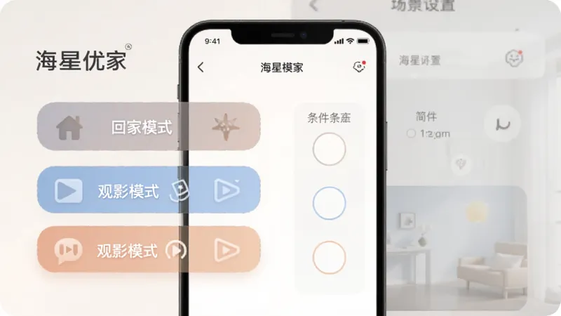 一张展示“海星优家”App场景设置界面的图片,画面中有“回家模式”“观影模式”等按钮,旁边有简单的条件选择项,界面配色柔和,布局清晰,风格简约现代,画质干净