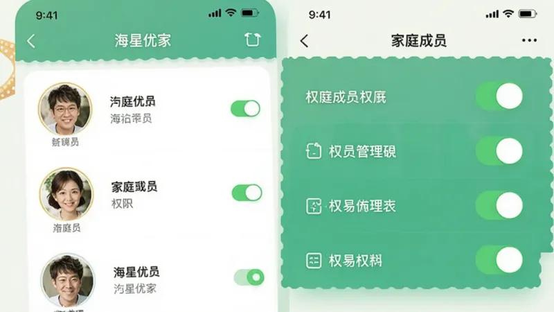 一张展示“海星优家”App家庭成员管理界面的图片,画面中有家庭成员头像列表和权限开关按钮,界面设计友好,风格温馨,画质清晰