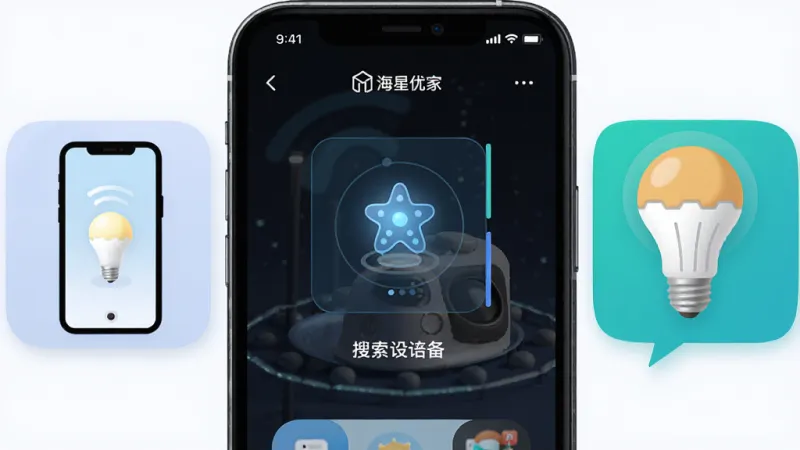 一张展示“海星优家”App连接设备过程的手机截图,画面中有搜索设备的动画和提示文字,旁边有手机和智能灯泡的图标,风格科技感,画质清晰
