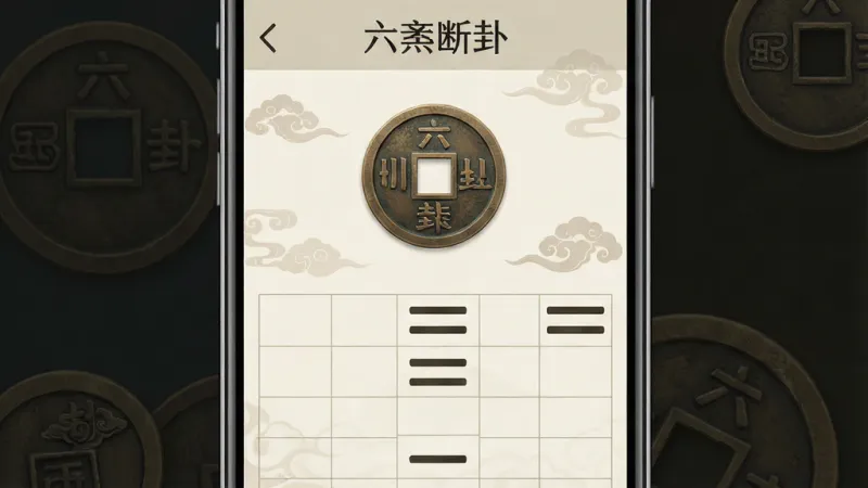 一张手机应用界面展示图,画面中央是“六爻断卦”应用的主界面,主体是一个古朴的铜钱起卦按钮和整齐的六爻排盘表格,布局采用上下结构,上方是起卦功能区下方是卦象解析区,排版简洁清晰,风格为中国传统风水古风结合现代扁平化设计,细节处有淡淡的祥云纹理和铜钱暗纹,画质干净无多余元素,文字清晰可辨。