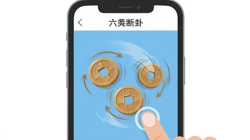 一张手机操作示意图,画面主体是一部手机屏幕显示“六爻断卦”应用正在摇卦,布局为手机居中屏幕内有三枚铜钱旋转动画,排版简洁,风格为扁平化插画风格,细节处有手指点击屏幕的示意和铜钱运动轨迹线,画质干净无多余元素。