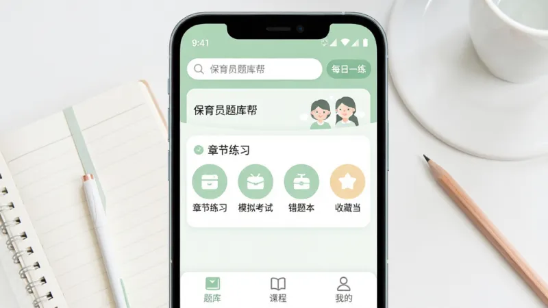 保育员题库帮 手机应用主界面展示,画面中央是一部安卓手机,屏幕显示保育员题库帮App的首页,顶部有搜索框和每日一练入口,中间是章节练习、模拟考试、错题本、收藏夹四个功能图标横向排列,底部为题库、课程、我的三个选项卡,整体配色为柔和的浅绿色和白色,背景是干净的书桌场景,有笔记本和铅笔点缀,风格清新扁平,细节圆润,画质清晰,干净,无多余元素