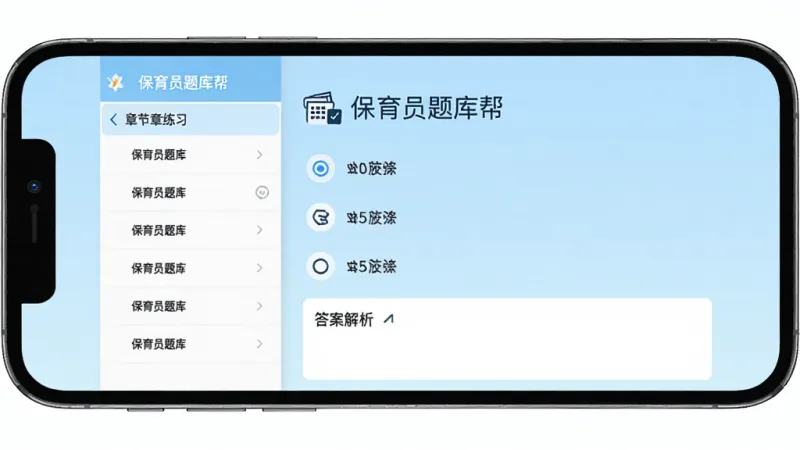 保育员题库帮 功能界面展示,一部手机屏幕显示保育员题库帮的章节练习页面,左侧是章节列表,右侧是题目和四个选项,下方有答案解析区域,背景是淡蓝色渐变,界面元素简洁,文字清晰,风格现代扁平,画质干净,无多余元素
