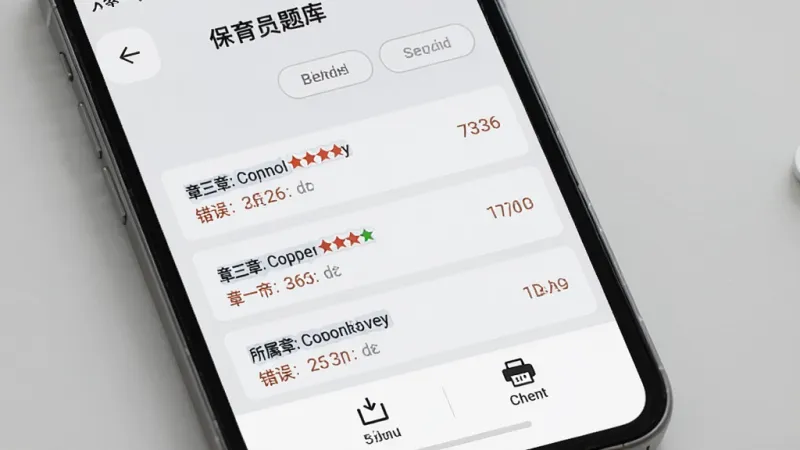 保育员题库帮 错题本界面,手机屏幕显示错题列表,每道错题旁边标注错误次数和所属章节,顶部有筛选按钮,底部有导出和打印图标,背景是浅灰色,界面清爽,文字排版整齐,风格简约现代,画质干净,无多余元素