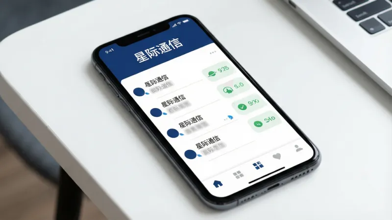 一张手机屏幕特写,屏幕上显示着一款名为“星际通信”的APP界面,界面主色调为深蓝色与白色,顶部有“星际通信”四个字,中间是清晰的聊天列表和连接状态图标,底部是简洁的导航栏,背景是干净的桌面,风格现代扁平,画质清晰,无多余元素