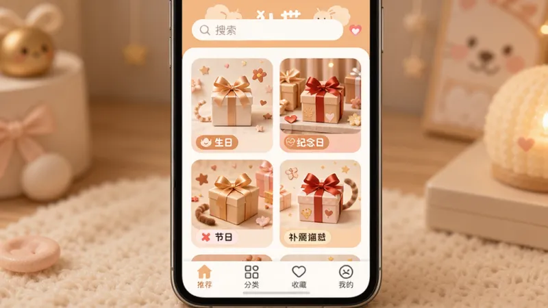 礼物猫 应用主界面展示，手机屏幕中央显示礼物猫APP的首页，顶部有搜索栏，中间是各种礼物分类卡片如生日、纪念日、节日等，卡片上有精美礼物图片和标签，底部是推荐、分类、收藏、我的四个选项卡，整体布局清晰，风格温馨可爱，暖色调为主，画质干净无多余元素