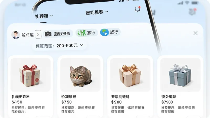 礼物猫 智能推荐界面，手机屏幕显示礼物猫APP的推荐页面，用户输入了对方的兴趣标签如摄影、旅行，预算范围200-500元，页面下方展示出多款匹配的礼物卡片，每张卡片包含礼物图片、名称、价格和推荐理由，界面简洁清爽，以白色和浅蓝色为主色调，画质干净无多余元素