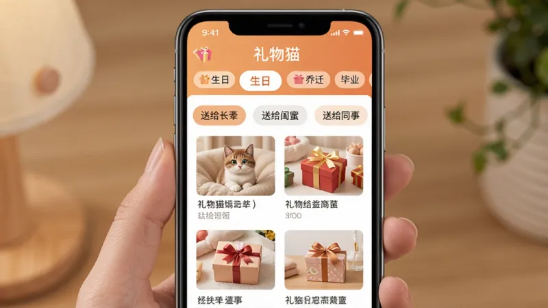礼物猫 场景分类页面，手机屏幕展示礼物猫APP的分类界面，顶部横向排列多个场景标签如生日、结婚、乔迁、毕业等，当前选中生日标签，下方展示送给长辈、送给闺蜜、送给同事等子分类按钮，再下方是礼物列表，每项有缩略图和简短描述，界面排版整齐，风格温暖，画质干净无多余元素