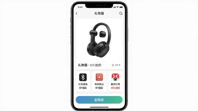 礼物猫 比价功能界面，手机屏幕展示礼物猫APP的比价页面，页面中央是一款蓝牙耳机的商品卡片，下方列出三个电商平台的价格对比，每个平台有logo和价格数字，最低价用红色标注，底部有去购买按钮，界面清晰直观，风格现代，画质干净无多余元素