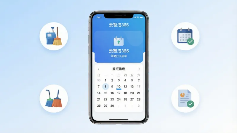 一张展示“云智洁365”手机应用主界面的图片,主体为悬浮在画面中央的手机屏幕,屏幕内显示考勤打卡成功界面和简洁的日历视图。布局上,手机周围环绕着代表清洁、考勤、排班、报表的扁平化图标。排版采用居中对称构图,风格为现代科技感与生活化结合。细节上,手机边框有轻微反光,背景是柔和的蓝白渐变,画质干净清晰,无多余元素,图片中文字包含“云智洁365”。