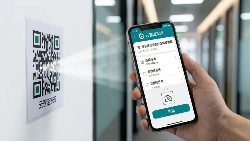 一张展示“云智洁365”清洁巡检任务管理功能的图片,主体为一只手拿着手机正在扫描墙上的二维码标签。手机屏幕上显示巡检任务列表和拍照上传按钮。布局为特写视角,背景是模糊的办公大楼走廊环境。风格为纪实工作风,细节上手机屏幕有清晰的UI界面和“云智洁365”标志,画质干净明亮,无多余元素。