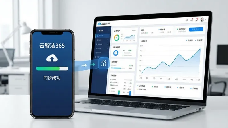 一张展示“云智洁365”数据云端同步与报表导出功能的图片,主体为一部手机和一台笔记本电脑。手机屏幕上显示着云同步进度条和“同步成功”字样,电脑屏幕上显示着考勤数据看板和折线图。布局为手机在前、电脑在后,排版体现数据无缝流转。风格为科技办公风,细节上屏幕有清晰的图表和图标,画质干净无多余元素,图片中文字包含“云智洁365”和“云端同步”。
