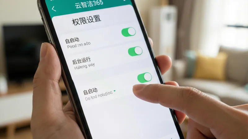 一张展示“云智洁365”手机应用权限设置界面的图片,主体为一只手拿着手机,手指正在点击“自启动”权限开关。手机屏幕上显示着应用管理界面,有“自启动”、“后台运行”、“定位权限”等选项。布局为特写手指操作,背景是模糊的家居环境。风格为教程指导风,细节上手机屏幕有清晰的开关按钮和文字说明,画质干净无多余元素,图片中文字包含“云智洁365”和“权限设置”。