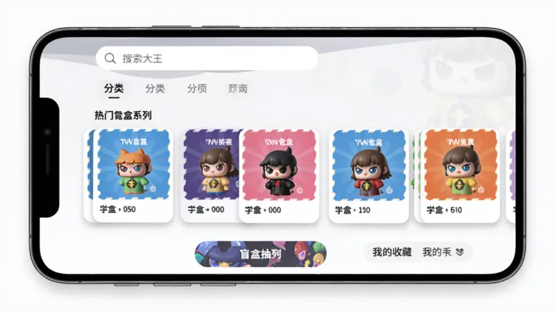 盲盒大王应用主界面展示,主体为手机屏幕中显示盲盒抽盒页面,布局上顶部为搜索栏和分类标签,中间是热门盲盒系列卡片横向滑动展示,底部为抽盒按钮和我的收藏入口,排版清晰有层次,风格为现代扁平化设计,细节上卡片带有轻微阴影和圆角,画质高清干净无多余元素