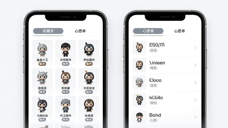盲盒大王收藏夹与心愿单界面展示,主体为手机屏幕中显示收藏列表和心愿单两个选项卡,布局上左侧为收藏夹缩略图网格,右侧为心愿单列表,排版采用双栏对称结构,风格为清新简约风,细节上每个盲盒图标下方带有名称和稀有度标签,画质高清干净无多余元素
