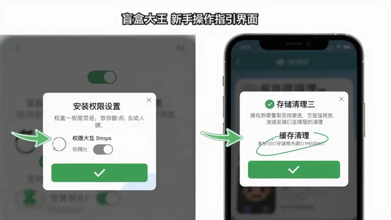 盲盒大王新手操作指引界面展示,主体为手机屏幕中显示安装权限设置和存储清理两个提示弹窗,布局上左侧为权限开关示意图,右侧为缓存清理按钮,排版采用左右分栏,风格为扁平化教程风,细节上带有箭头指引和绿色确认按钮,画质高清干净无多余元素