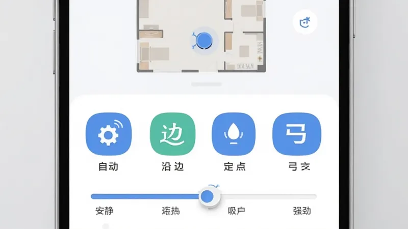 ILIFE智意App清扫模式选择界面展示图，画面主体是手机屏幕特写，屏幕上显示四种清扫模式图标横向排列分别是自动、沿边、定点、弓字，下方有吸力调节滑块从安静到强劲共四档，屏幕上方显示房间平面图和机器人位置标记，背景是浅灰色极简风格，图标设计圆润清晰，画质干净无多余装饰
