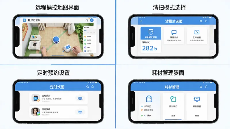 ILIFE智意软件功能模块展示图，画面采用四宫格布局分别展示远程操控地图界面、清扫模式选择界面、定时预约设置界面、耗材管理界面，每个格子中的手机屏幕内容清晰可辨，整体风格统一为蓝白配色扁平化设计，文字标签使用中文标注，画质高清干净无杂乱元素