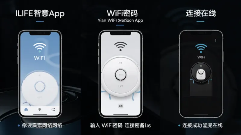 ILIFE智意App连接扫地机器人操作步骤示意图，画面分为三个部分从左到右依次展示手机搜索WiFi网络、输入WiFi密码连接设备、连接成功显示设备在线，每一步都有手机屏幕截图和简洁文字标注，背景是淡蓝色渐变，风格清新扁平化，画质清晰无杂乱元素