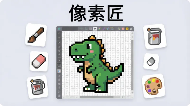 一张展示像素匠软件核心全貌的图片，画面中央是像素匠的像素画布界面，画布上有一个正在绘制的像素风格小恐龙，周围悬浮着画笔、橡皮、油漆桶、调色盘等工具图标，背景是柔和的浅灰色，整体风格简洁明快，画质干净清晰，无多余元素，图片上方有文字“像素匠”