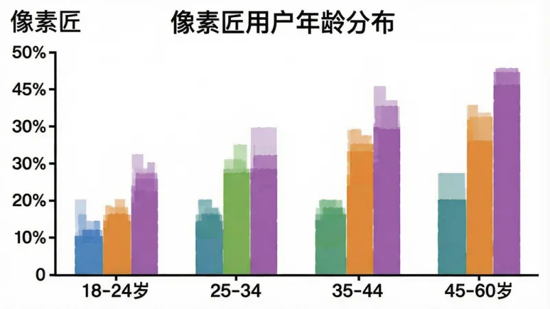 一张展示像素匠用户年龄分布的柱状图，横轴是年龄段18-24岁、25-34岁、35-44岁、45-60岁，纵轴是用户占比，柱状图颜色分别为蓝色、绿色、橙色、紫色，图表标题为“像素匠用户年龄分布”，风格简洁清晰，画质干净，图片中有文字“像素匠”