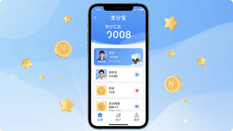 手机屏幕中央展示“支分宝”应用界面,主色调为蓝白渐变,顶部显示积分汇总数字,中部是卡片式积分分类列表,底部为记录、统计、我的三个导航按钮,周围环绕金币和星星图标,扁平化设计风格,界面干净整洁,画质清晰无多余元素