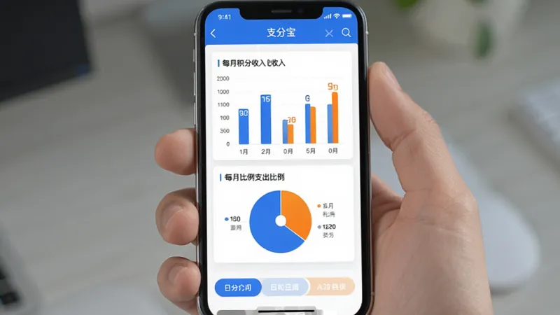 手机屏幕展示“支分宝”的数据统计页面,页面中央是柱状图和饼图,分别显示每月积分收入和支出比例,配色以蓝色和橙色为主,底部有月份切换按钮,界面清爽,画质干净无多余元素