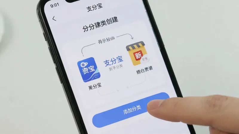 手机屏幕显示“支分宝”的新手引导页面,页面上有分类创建步骤的示意图,手指正在点击添加分类按钮,背景是浅灰色,界面元素简洁,画质清晰