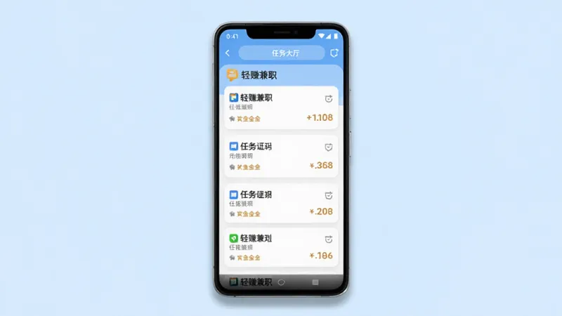轻赚兼职手机应用主界面展示,画面中央是一部竖屏安卓手机,手机屏幕里显示轻赚兼职的任务大厅列表,列表中有多个任务卡片,每个卡片上标注着任务名称和赏金金额,背景是浅蓝色渐变,界面风格简洁现代扁平化,四周有轻微的阴影和圆角,画质干净清晰,无多余元素
