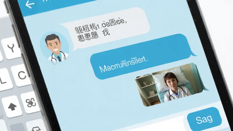 创想医生 医患聊天界面特写 手机屏幕显示对话气泡 左侧医生头像 右侧患者消息 包含文字和图片消息 背景为浅蓝色医疗风格 周围有虚拟键盘和发送按钮 扁平化UI设计 细节清晰 画质干净无多余元素
