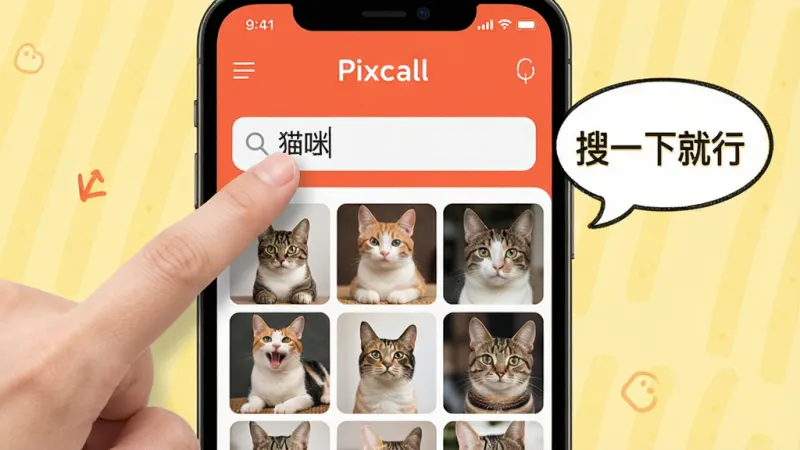 一张展示Pixcall操作技巧的图片,画面中一部手机屏幕显示Pixcall应用,屏幕上有一个手指正在点击搜索栏,搜索栏里输入了猫咪两个字,下方立刻显示出一堆猫咪图片,屏幕旁边有文字气泡写着搜一下就行,背景是浅黄色,风格轻松活泼,画质干净,无多余元素