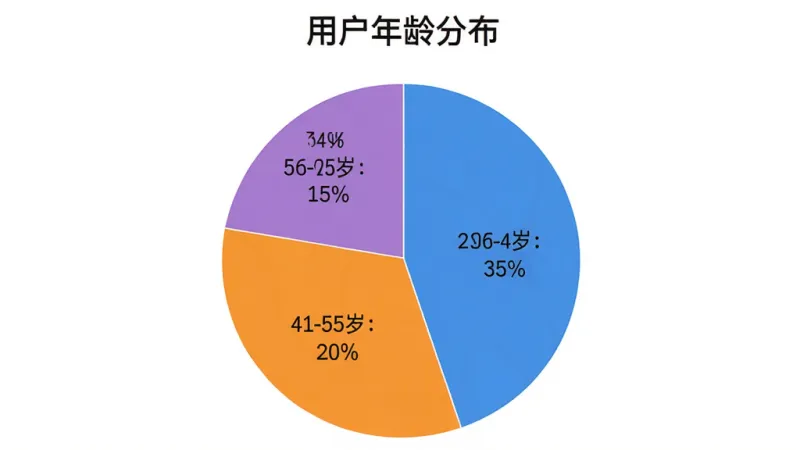 一张展示Pixcall用户评价的饼状图,图表标题是用户年龄分布,饼图分为四块,18-25岁占30%,26-40岁占35%,41-55岁占20%,56-60岁占15%,每块颜色不同并标注百分比,背景是白色,风格简洁数据可视化,画质干净,无多余元素
