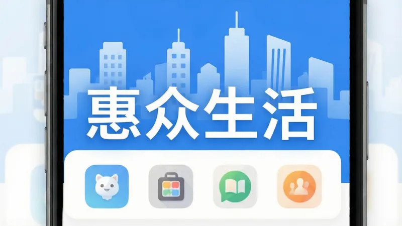 一张展现手机本地生活服务应用的界面截图,画面中央清晰显示“惠众生活”四个大字,背景是简洁的蓝白配色城市剪影,主体为手机屏幕中展示着各类生活服务图标,布局整齐,排版清爽,风格现代扁平化,细节圆润,画质干净清晰,无多余元素