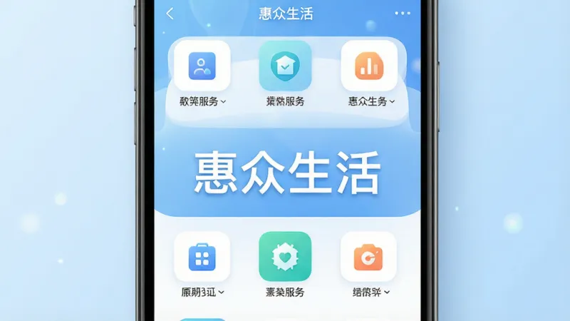 一张展示惠众生活应用首页布局的图片,主体是手机屏幕,屏幕上排列着整齐的服务功能图标,背景是柔和的浅蓝色渐变,布局清晰,排版简洁,风格现代科技感,细节精致,画质干净,图片中央带有“惠众生活”文字标识,无多余元素