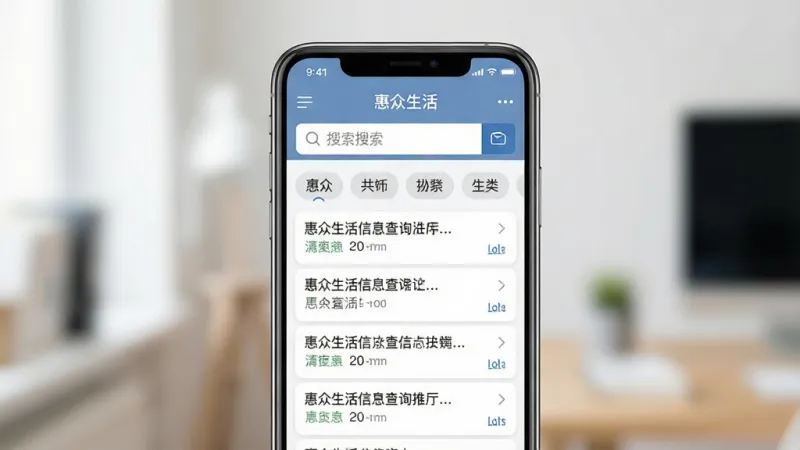 一张展示惠众生活信息查询功能的图片,画面主体是手机屏幕显示搜索结果列表,布局为顶部搜索框、中部分类标签、底部结果列表,排版整齐,风格简约现代,细节清晰,画质干净,屏幕上方带有“惠众生活”字样,无多余元素